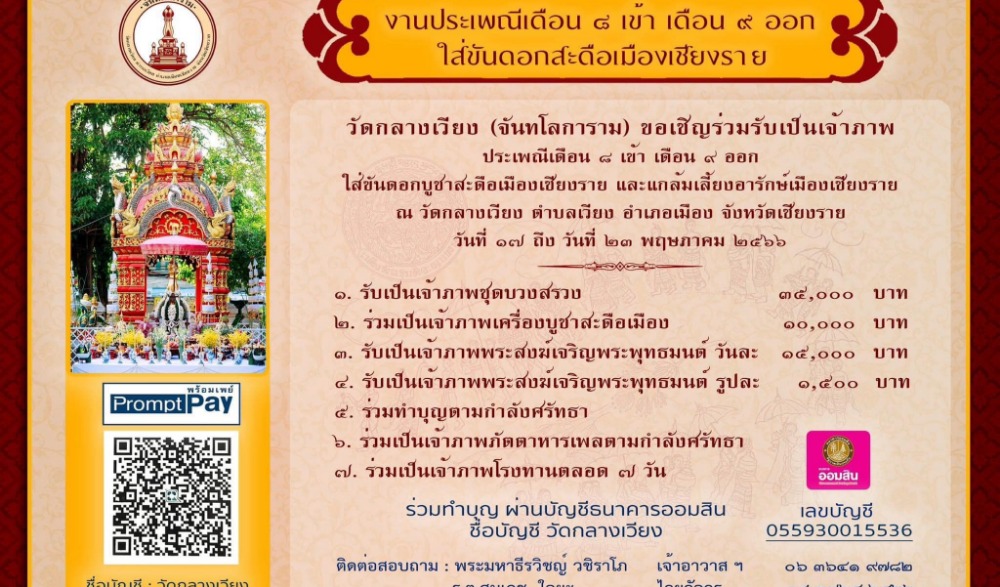 ประเพณี “เดือนแปดเข้า เดือนเก้าออก ใส่ขันดอกวัดกลางเวียง”