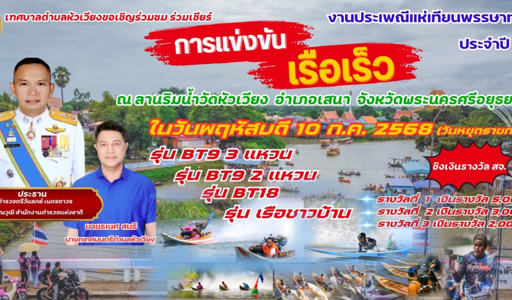 งานประเพณีแห่เทียนเข้าพรรษา ทอดผ้าป่าทางน้ำ ประจำปี ๒๕๖๘ และกิจกรรม ๑ อำเภอ ๑ ลานสร้างสรรค์ จังหวัดพระนครศรีอยุธยา ประจำปีงบประมาณ พ.ศ. ๒๕๖๘