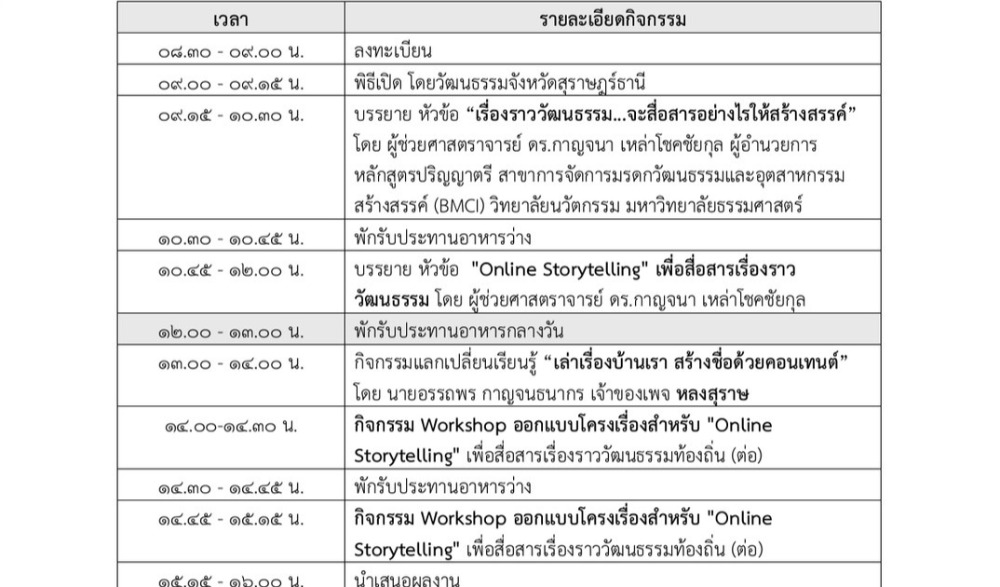 โครงการอบรมเชิงปฏิบัติการ “เล่าเรื่องวัฒนธรรมผ่านโลกออนไลน์:  สื่อสารสร้างสรรค์ด้วย Online Storytelling”