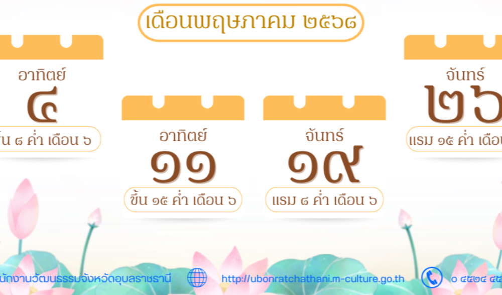 ปฏิทินวันพระ เดือนพฤษภาคม ๒๕๖๘