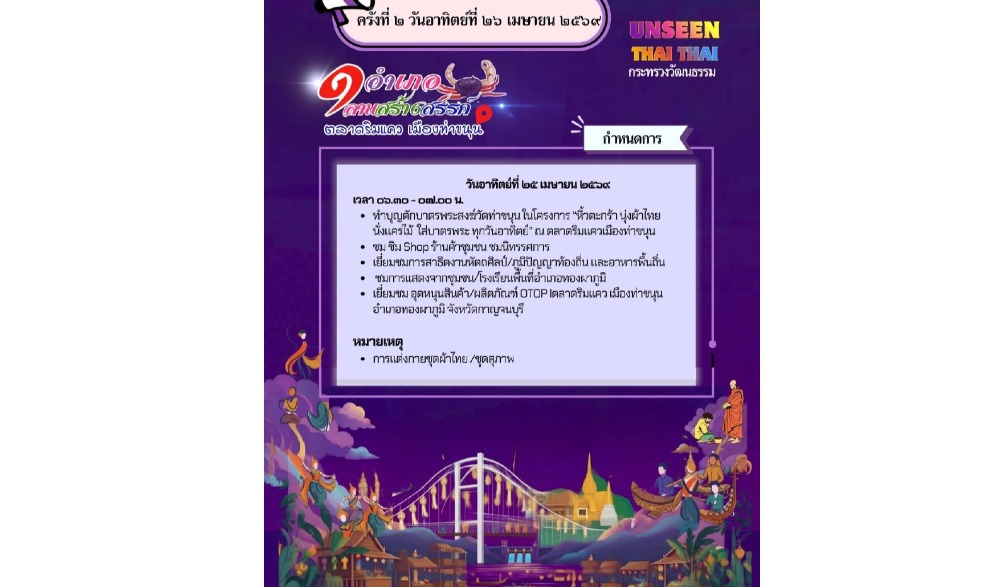 โครงการส่งเสริมการท่องเที่ยวเชิงสร้างสรรค์และวัฒนธรรม ๑ อำเภอ ๑ ลานสร้างสรรค์ จังหวัดกาญจนบุรี ประจำปีงบประมาณ พ.ศ. ๒๕๖๙