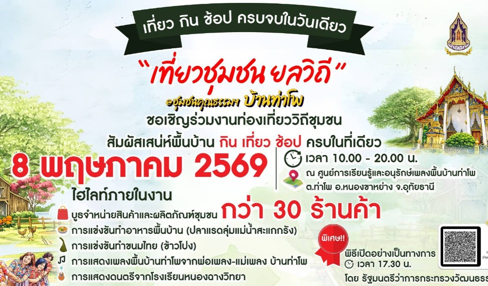 โครงการพัฒนาต่อยอดทุนทางวัฒนธรรมด้วยนวัตกรรมภูมิปัญญา "เที่ยวชุมชน ยลวิถี" จังหวัดอุทัยธานี ประจำปีงบประมาณ พ.ศ. 2569